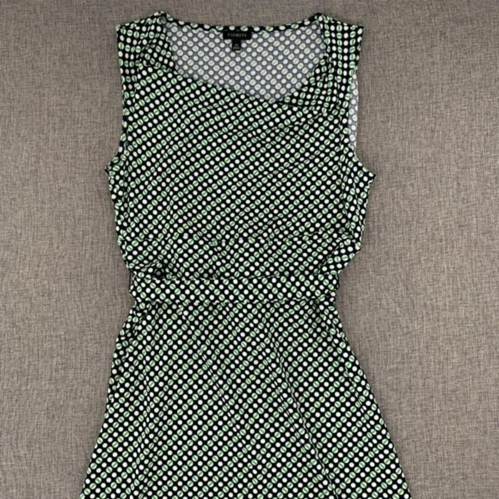 Talbots Belted Sheath Dress Sleeveless Green Black‎ White XS Round Neck Comfort